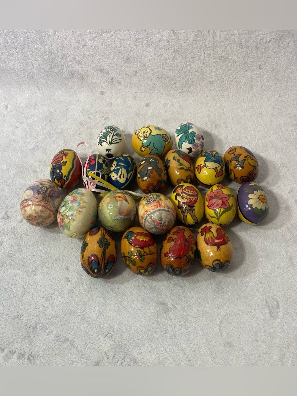 Vintage Lot Of 21 Hand Painted Double Sided Wooden And Other Eggs